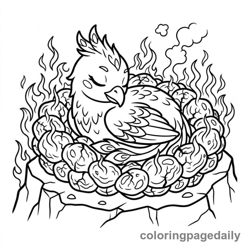 Phoenix Chick Nest Nap - Daily printable coloring page in Mythical Creature category
