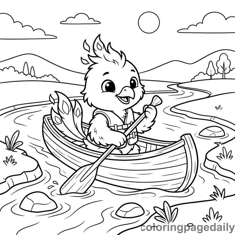 Phoenix Chick Paddling Canoe - Daily printable coloring page in Mythical Creature category