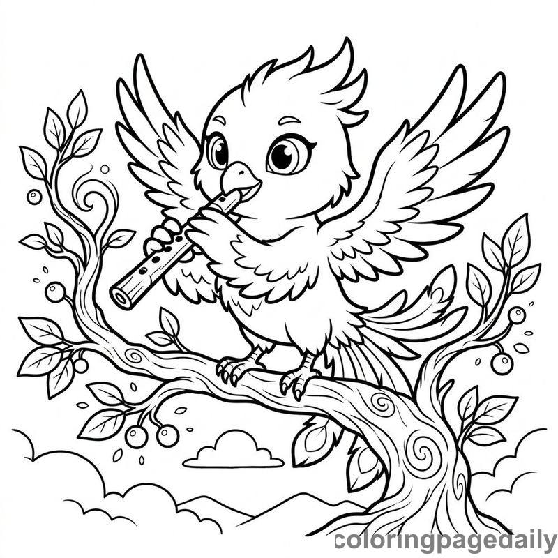 Phoenix Chick Playing Flute - Colored reference example