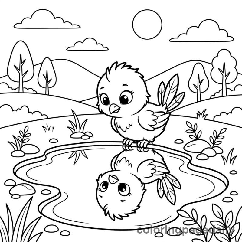 Phoenix Chick Sees Its Reflection - Daily printable coloring page in Mythical Creature category