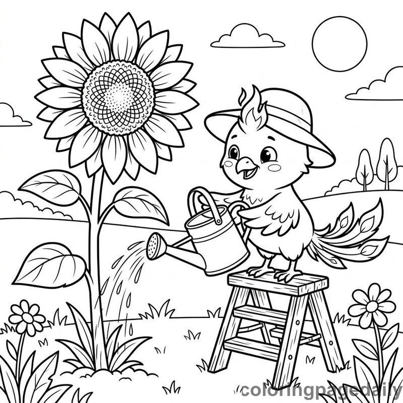 Phoenix Chick Watering Sunflower - Colored reference example