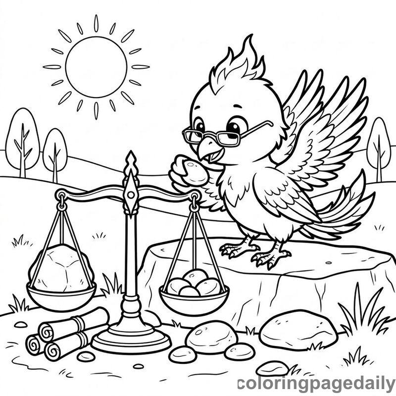 Phoenix Chick Weighing Pebbles - Daily printable coloring page in Mythical Creature category