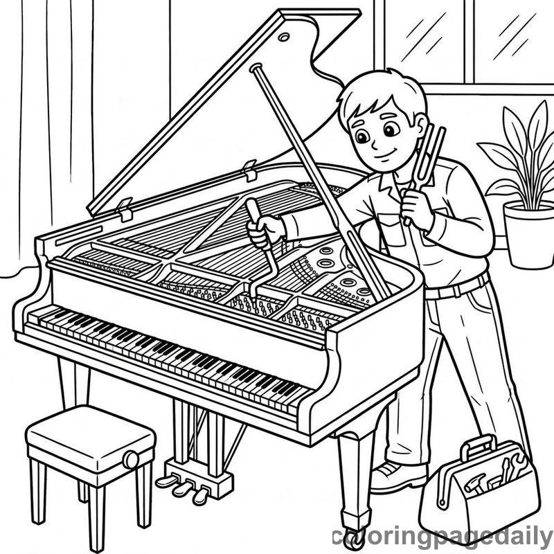 Piano Tuner Adjusting Strings - Colored reference example