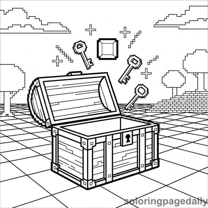 Pixelated Chest And Keys - Daily printable coloring page in Video Games and Pixel Art category