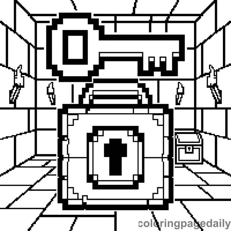 Pixelated Key Over Stone Lock - Daily printable coloring page in Video Games and Pixel Art category