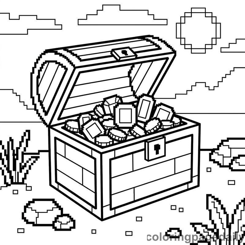 Pixelated Retro Treasure Chest - Daily printable coloring page in Video Games and Pixel Art category