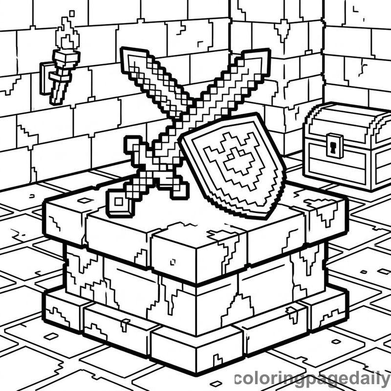 Pixelated Sword And Shield - Daily printable coloring page in Video Games and Pixel Art category