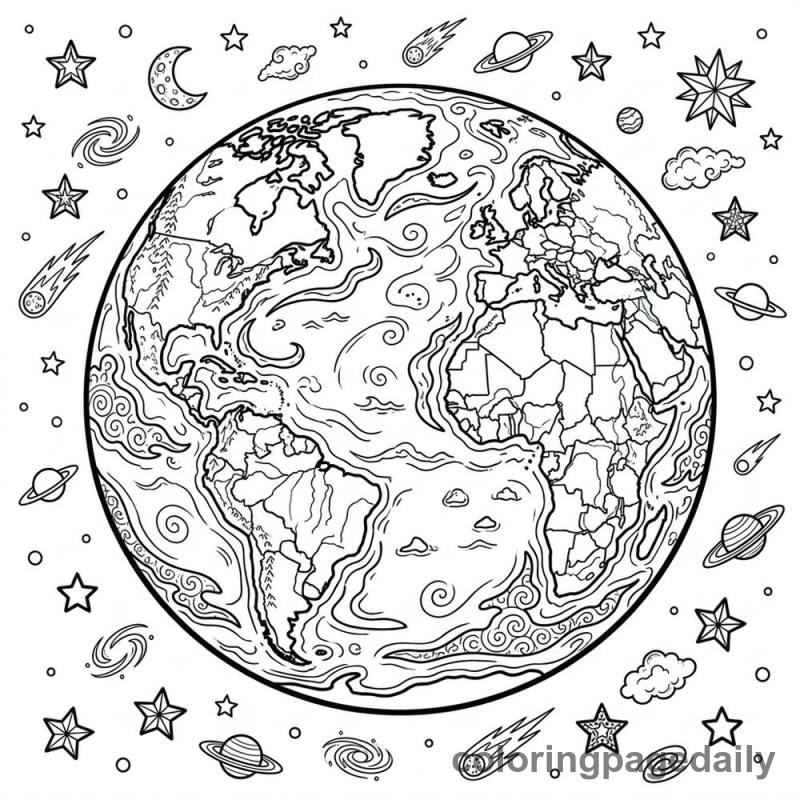 Planet Earth Floating - Daily printable coloring page in Space category