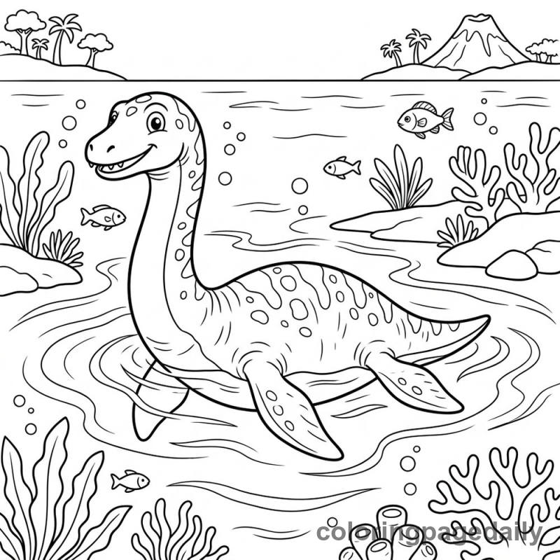 Plesiosaur Swimming Gracefully - Daily printable coloring page in Dinosaur category