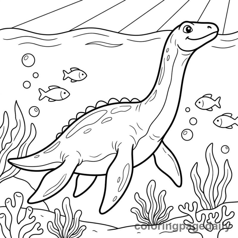 Plesiosaurus Ocean Swim - Daily printable coloring page in Dinosaur category