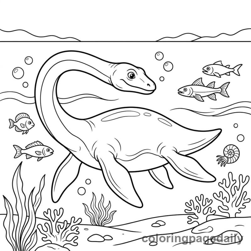 Plesiosaurus Ocean Swim - Daily printable coloring page in Dinosaur category