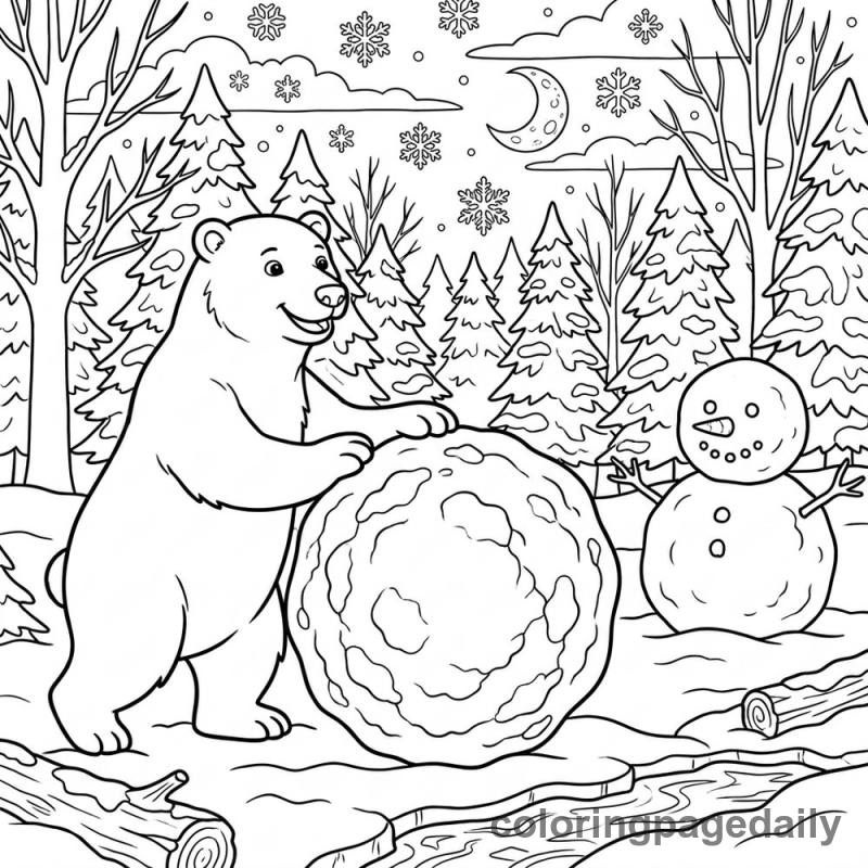 Polar Bear Building Snowman - Daily printable coloring page in Winter and Snow Season category