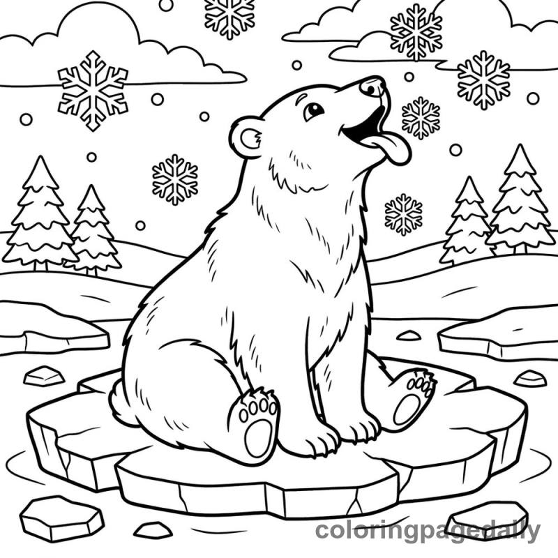 Polar Bear Catching Snowflakes - Daily printable coloring page in Winter and Snow Season category