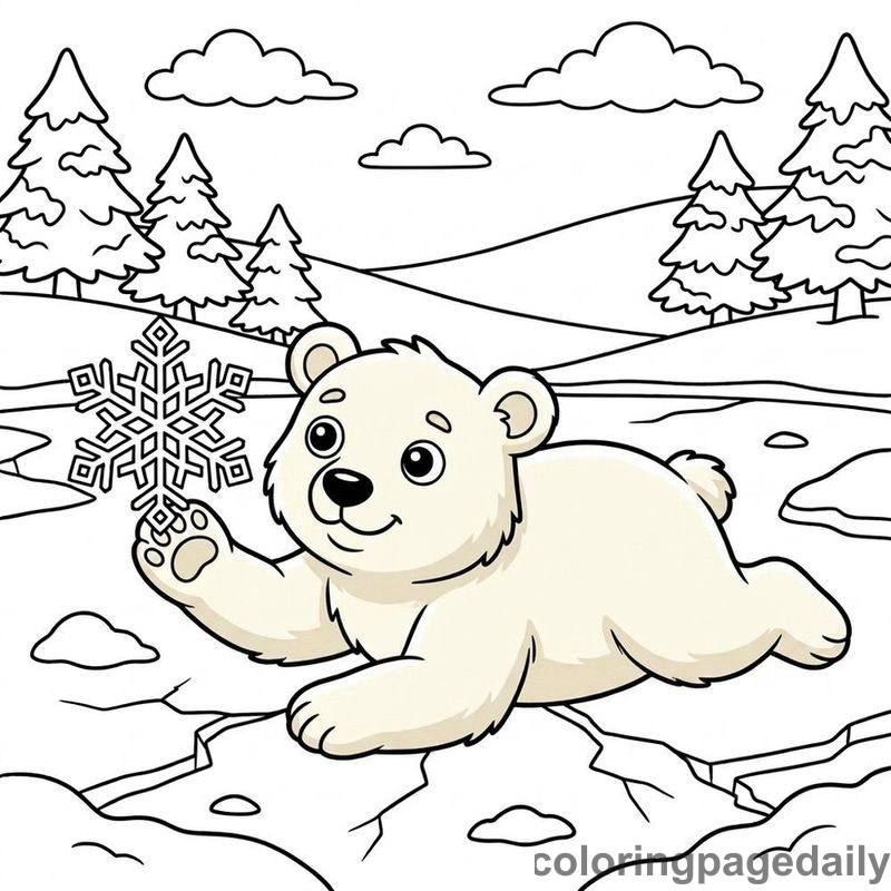 Polar Bear Inspecting Snowflake - Daily printable coloring page in Winter and Snow Season category