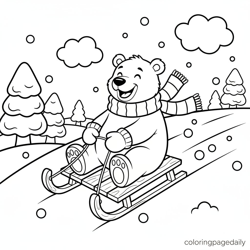 Polar Bear Sledding - Daily printable coloring page in Winter and Snow Season category