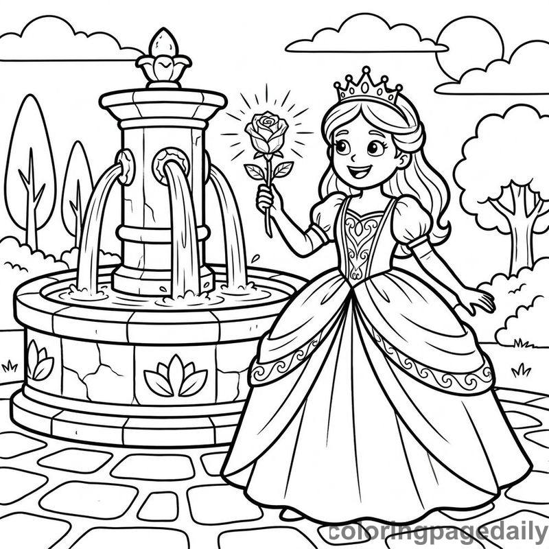 Princess Holding Crystal Rose - Daily printable coloring page in Fairy Tales category