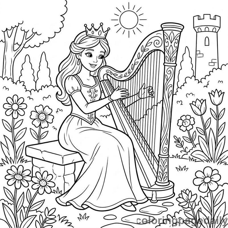 Princess Playing Wooden Harp - Colored reference example