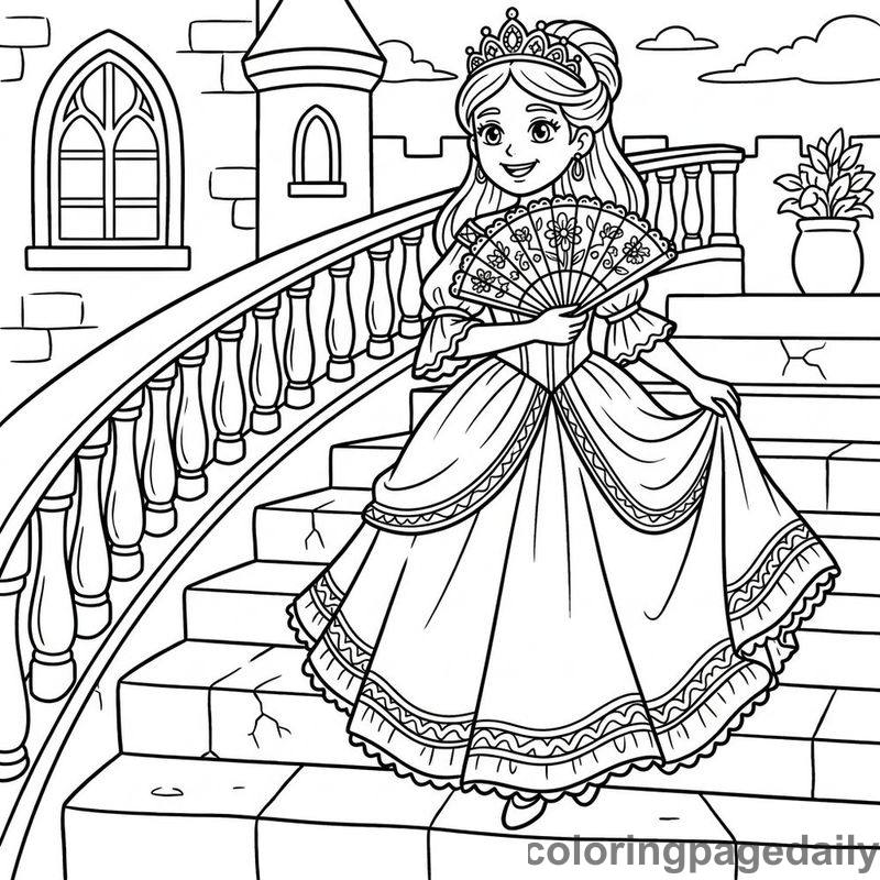 Princess With Hand Fan - Daily printable coloring page in Fairy Tales category