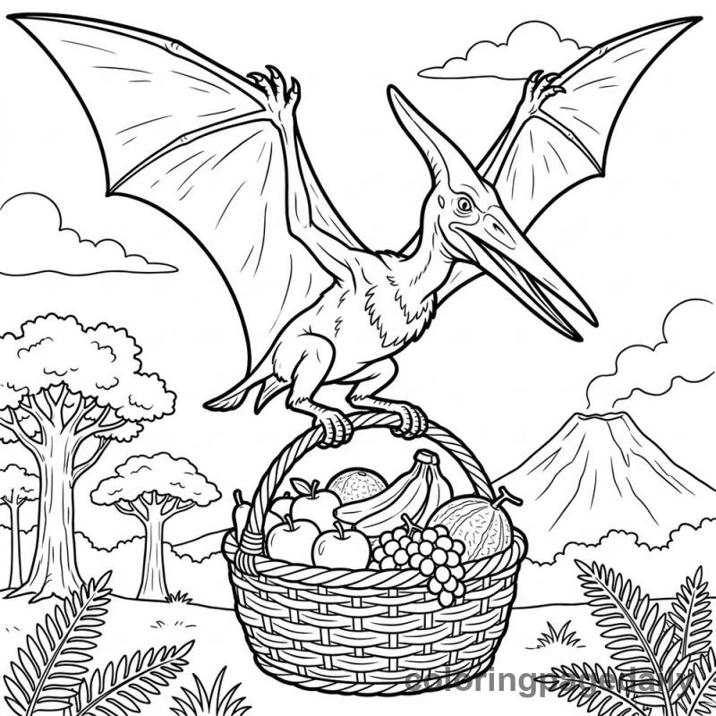 Pteranodon Carrying Fruit Basket - Daily printable coloring page in Dinosaur category