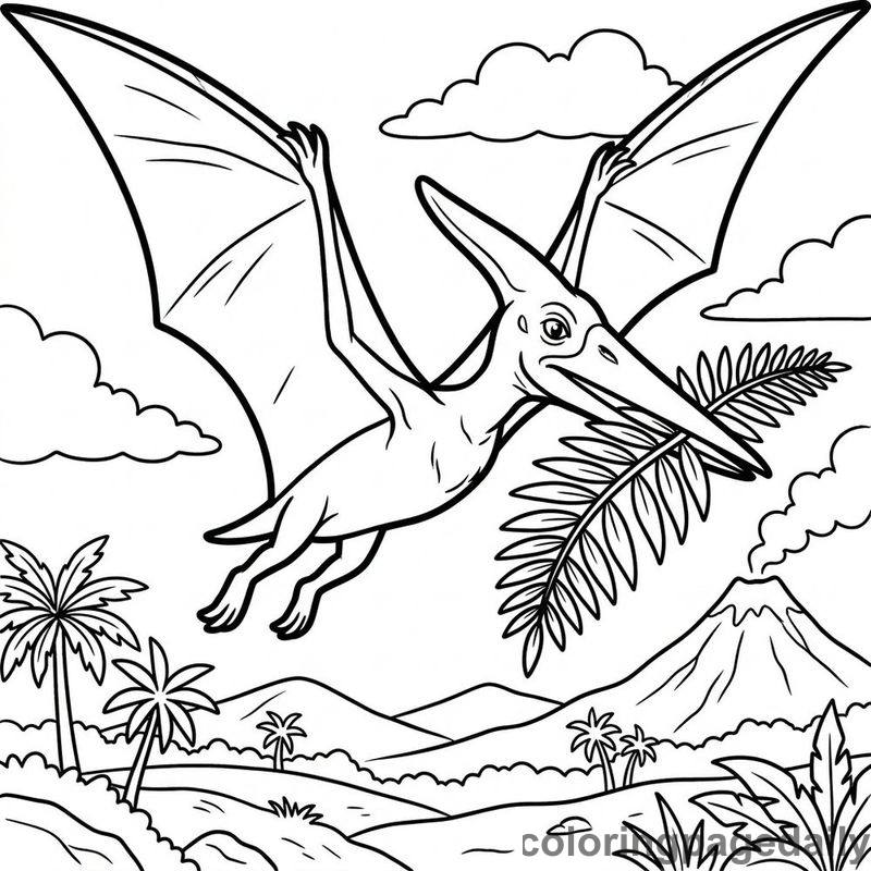 Pteranodon Carrying Nesting Fern - Daily printable coloring page in Dinosaur category