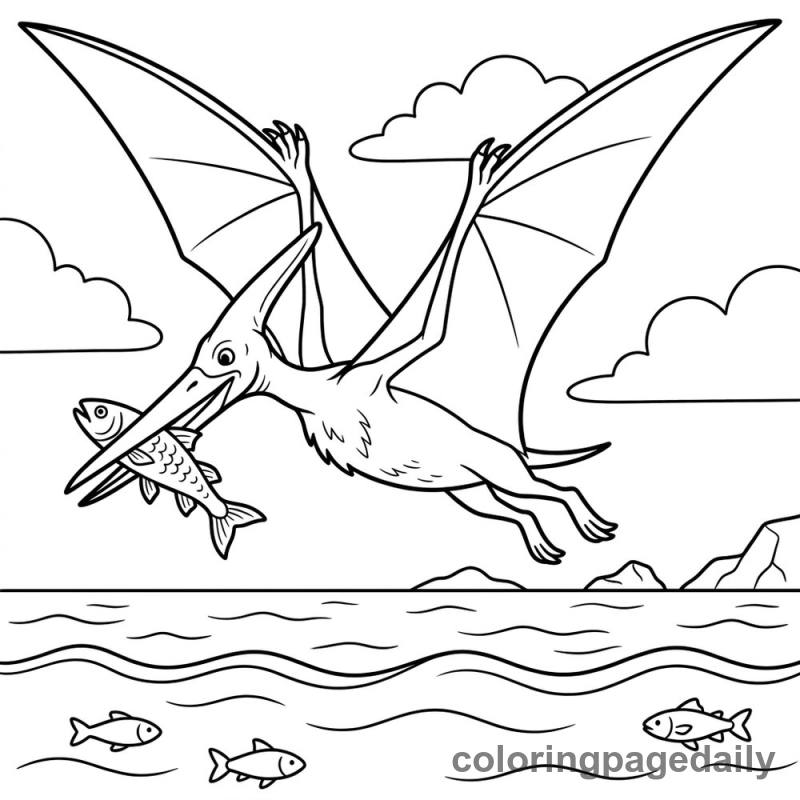 Pteranodon Catching Prehistoric Fish - Daily printable coloring page in Dinosaur category