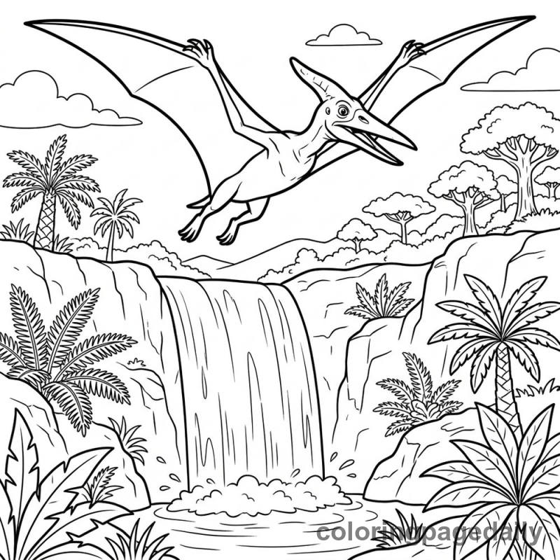 Pteranodon Flying Over Waterfall - Daily printable coloring page in Dinosaur category