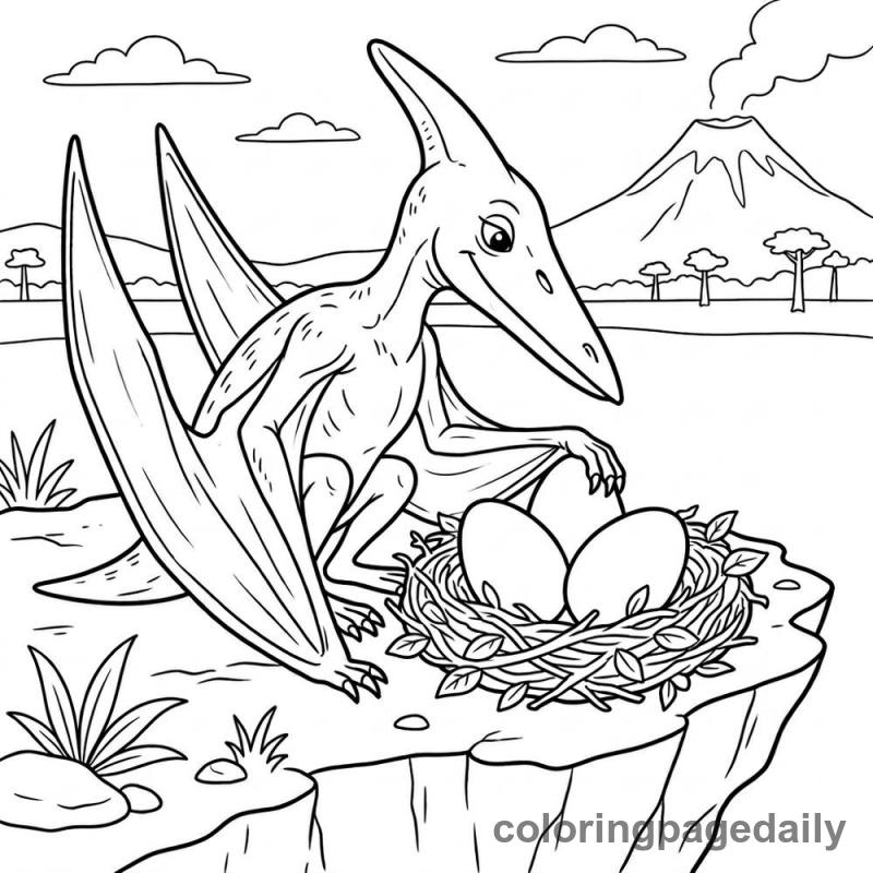 Pteranodon Guarding Nest - Daily printable coloring page in Dinosaur category