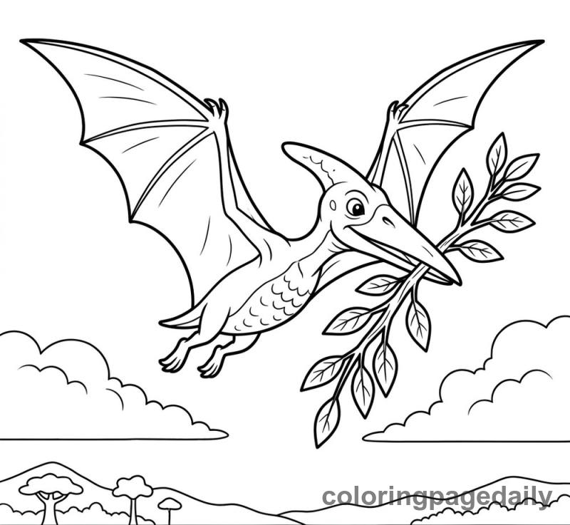 Pterodactyl Carrying a Twig - Daily printable coloring page in Dinosaur category