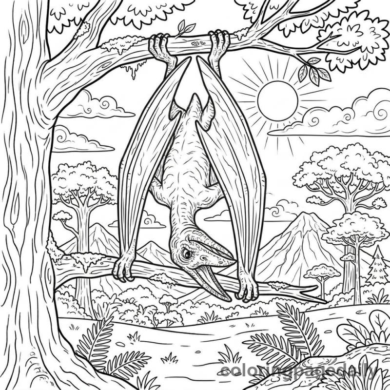 Pterodactyl Hanging Upside Down - Daily printable coloring page in Dinosaur category