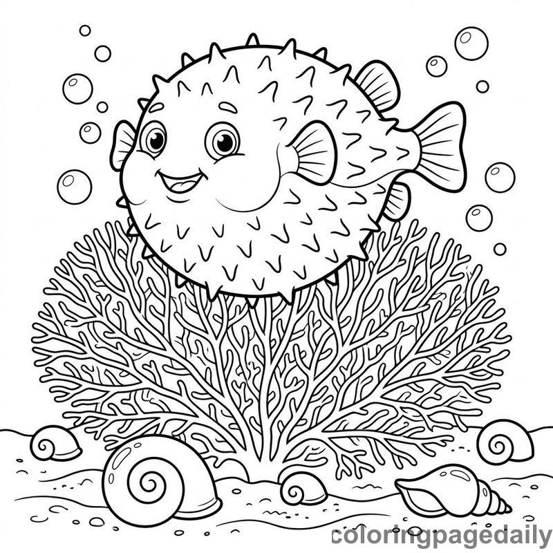 Pufferfish Over Fan Coral - Colored reference example