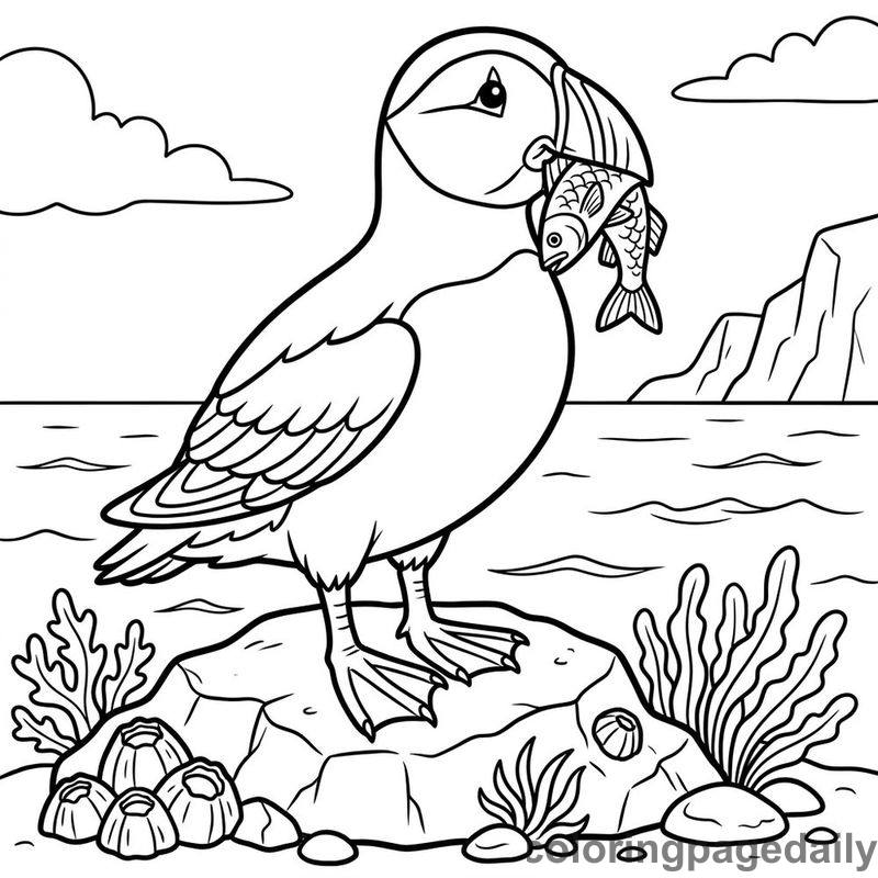 Puffin Catching A Fish - Daily printable coloring page in Ocean and Underwater Life category