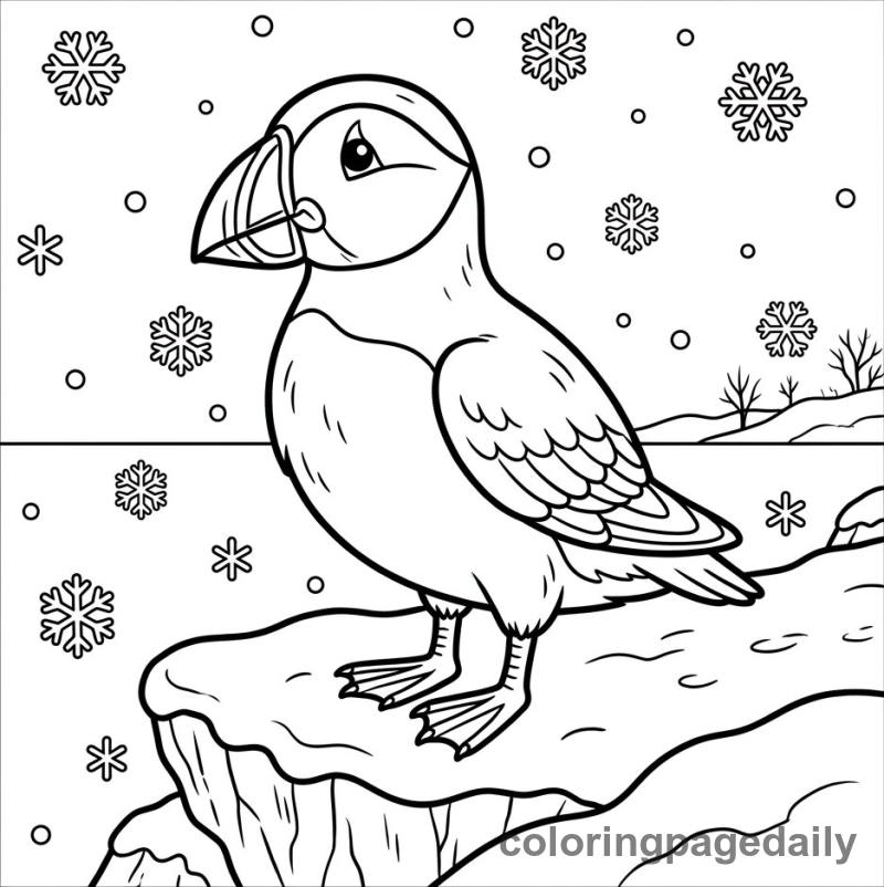 Puffin in the Snow - Daily printable coloring page in Winter and Snow Season category