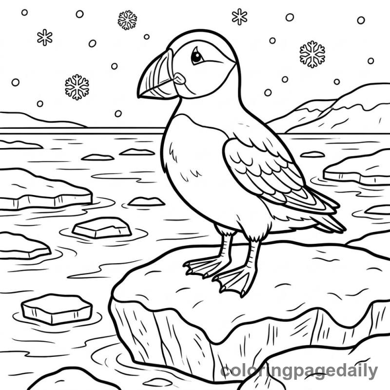 Puffin In Winter - Daily printable coloring page in Winter and Snow Season category