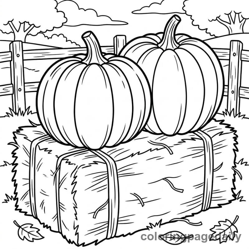 Pumpkins on Hay Bale - Daily printable coloring page in Thanksgiving category