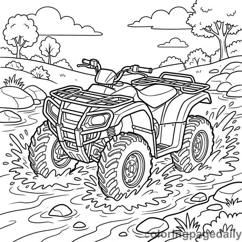 Quad Bike Splashing Stream - Daily printable coloring page in Vehicle category