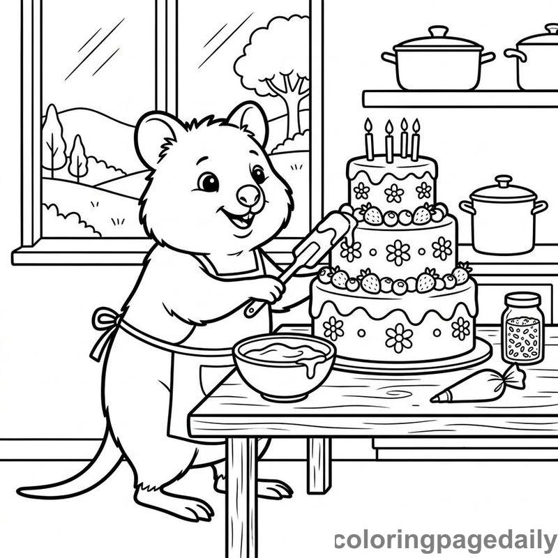 Quokka Decorating A Cake - Daily printable coloring page in Animals category