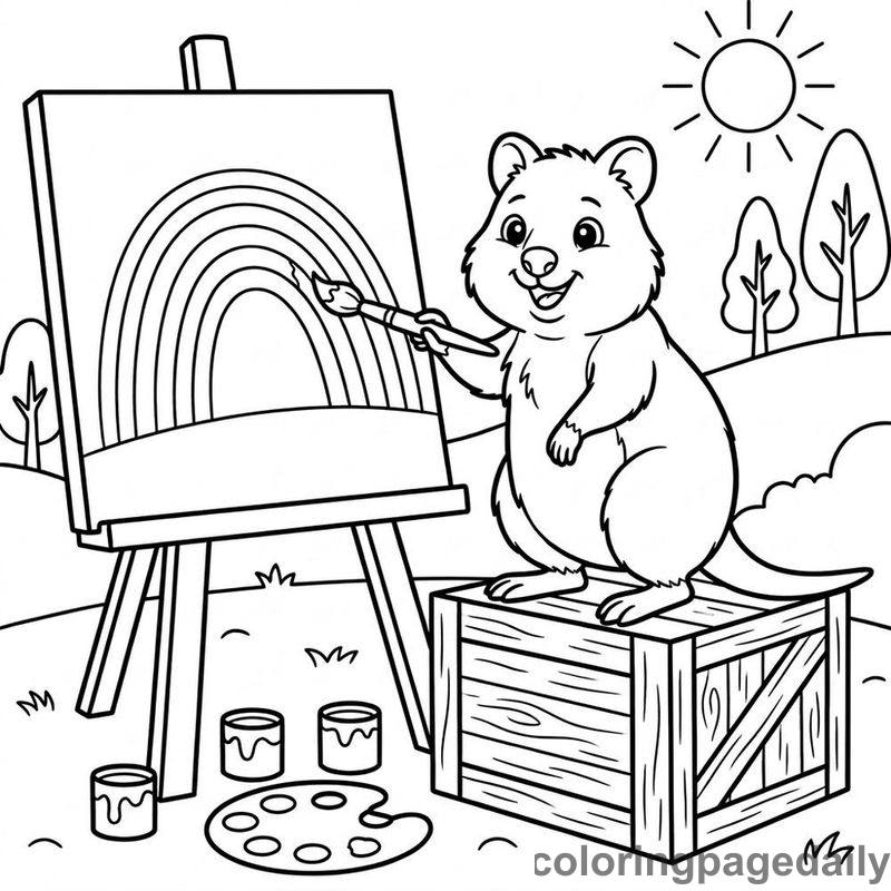 Quokka Painting A Rainbow - Daily printable coloring page in Animals category
