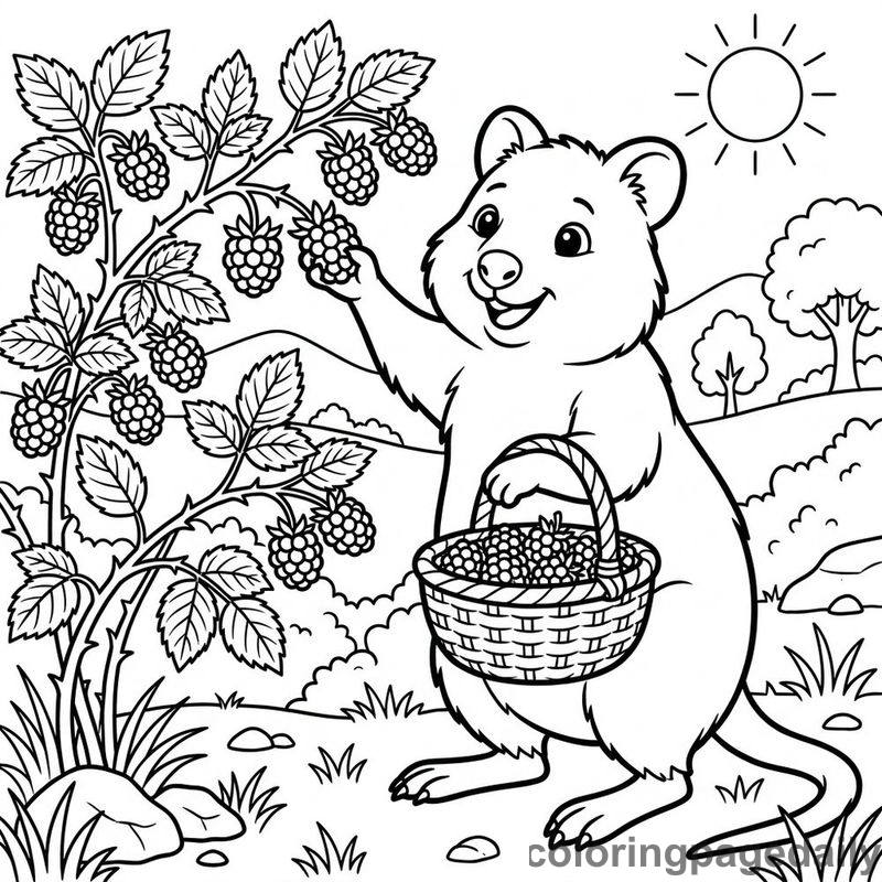 Quokka Picking Fresh Blackberries - Daily printable coloring page in Animals category