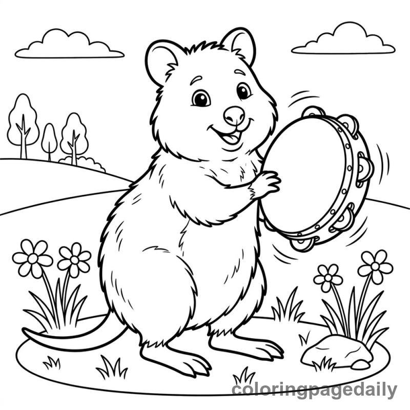 Quokka Playing Tambourine - Daily printable coloring page in Animals category