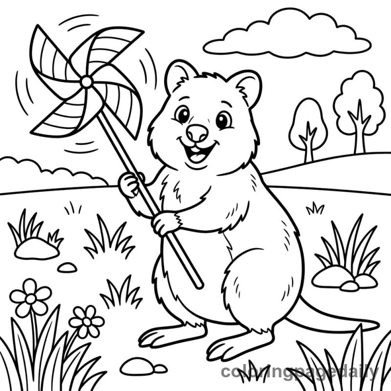 Quokka Playing with Pinwheel - Daily printable coloring page in Animals category