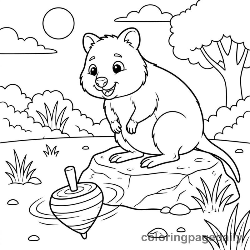 Quokka Spinning Top Fun - Daily printable coloring page in Animals category