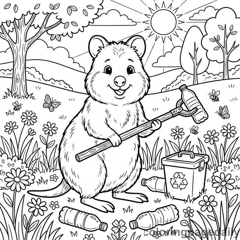 Quokka Spring Meadow Cleanup - Daily printable coloring page in Animals category
