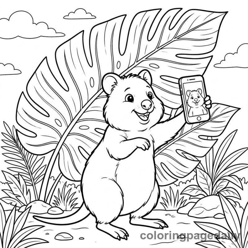 Quokka Takes a Happy Selfie - Daily printable coloring page in Animals category