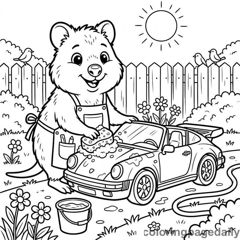Quokka Washing Toy Car - Daily printable coloring page in Animals category