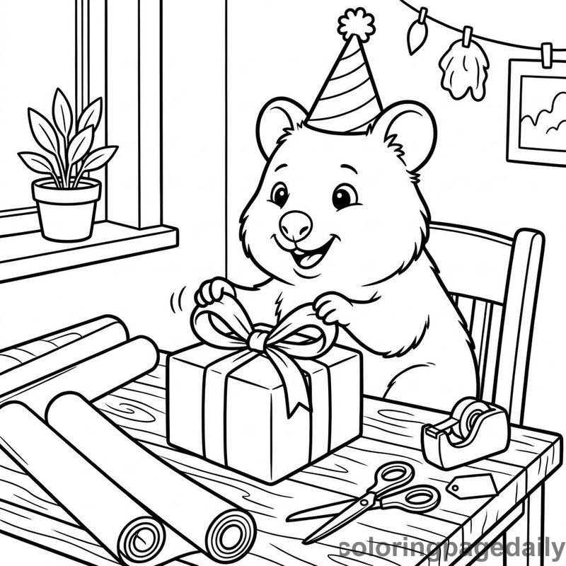 Quokka Wrapping A Present - Daily printable coloring page in Animals category