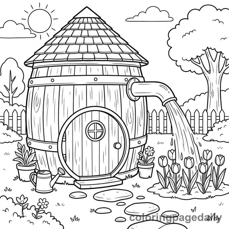 Rain Barrel House Garden - Daily printable coloring page in Scenery category