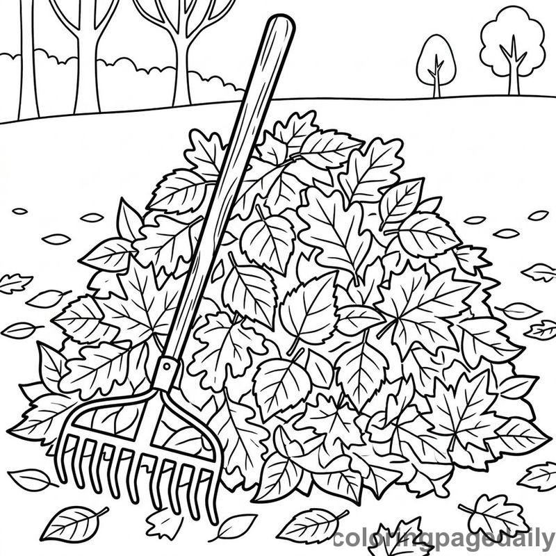 Rake And Autumn Leaves - Daily printable coloring page in Thanksgiving category