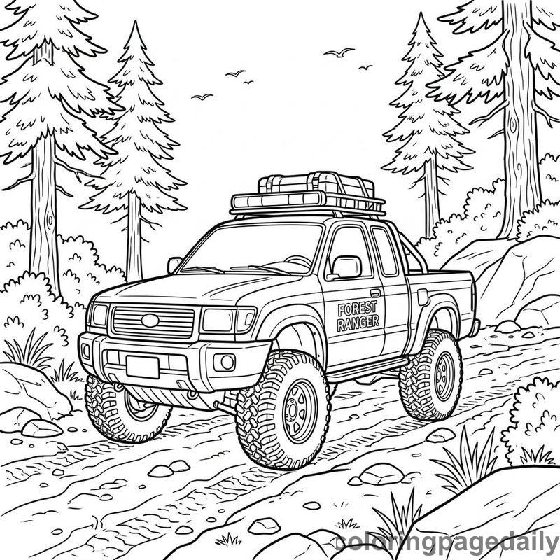 Ranger Truck On Trail - Daily printable coloring page in Vehicle category