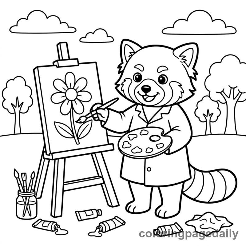 Red Panda Artist Painting - Daily printable coloring page in Animals category