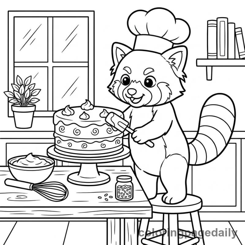 Red Panda Bakes a Cake - Daily printable coloring page in Animals category